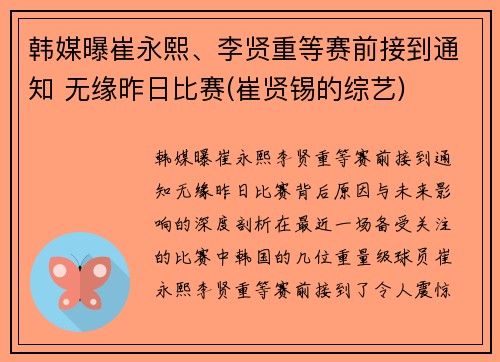 韩媒曝崔永熙、李贤重等赛前接到通知 无缘昨日比赛(崔贤锡的综艺)