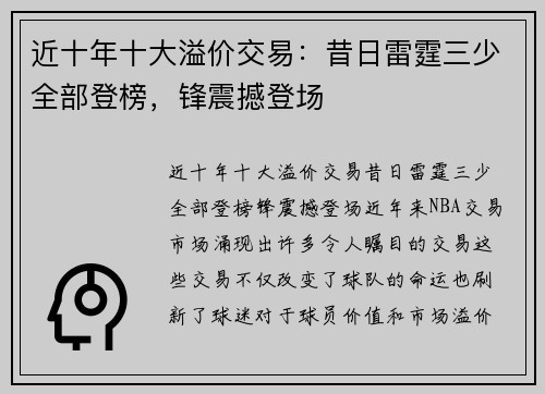 近十年十大溢价交易：昔日雷霆三少全部登榜，锋震撼登场