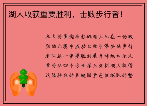 湖人收获重要胜利，击败步行者！
