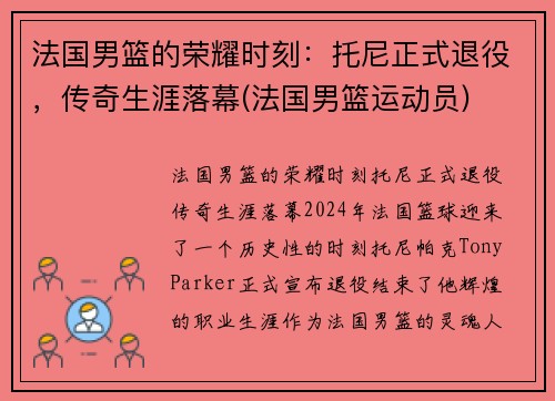 法国男篮的荣耀时刻：托尼正式退役，传奇生涯落幕(法国男篮运动员)