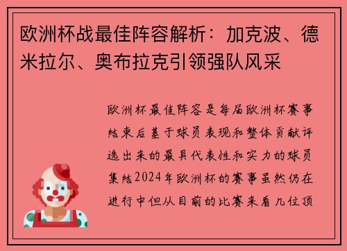 欧洲杯战最佳阵容解析：加克波、德米拉尔、奥布拉克引领强队风采